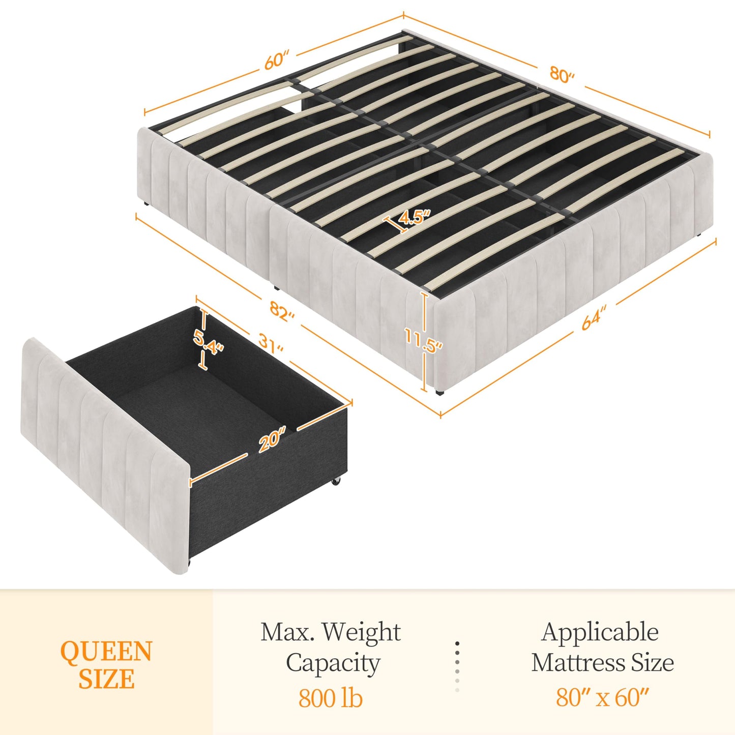 Yaheetech Upholstered Queen Bed Frame with 4 Storage Drawers and Modern Design - WoodArtSupply