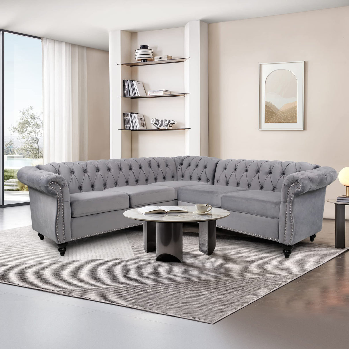 QHITTY L-Shaped Sofa, Sectional Chesterfield Couch 5-Seater Velvet Upholstered Small Accent Tufted Sofa with Rolled Armrest and Nailhead Design for Living Room, Apartment, Office (Grey) QHITTY