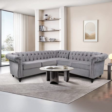 QHITTY L-Shaped Sofa, Sectional Chesterfield Couch 5-Seater Velvet Upholstered Small Accent Tufted Sofa with Rolled Armrest and Nailhead Design for Living Room, Apartment, Office (Grey) QHITTY