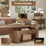 Lift Top Coffee Table, Oval Fluted Coffee Table with Storage for Living Room, Mid Century Modern Wooden Center Tables with 2 Tier Shelf, 43 Inch Tea Table Hidden Compartment for Home Office, Walnut Epecoya