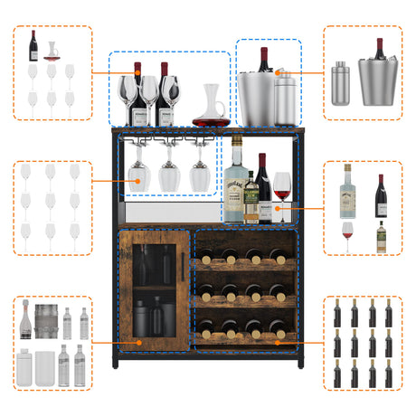 Amyove Wine Bar Rack Cabinet with Detachable Wine Rack, Bar Cabinet with Glass Holder, Small Sideboard and Buffet Cabinet with Mesh Door, Rustic Brown Amyove