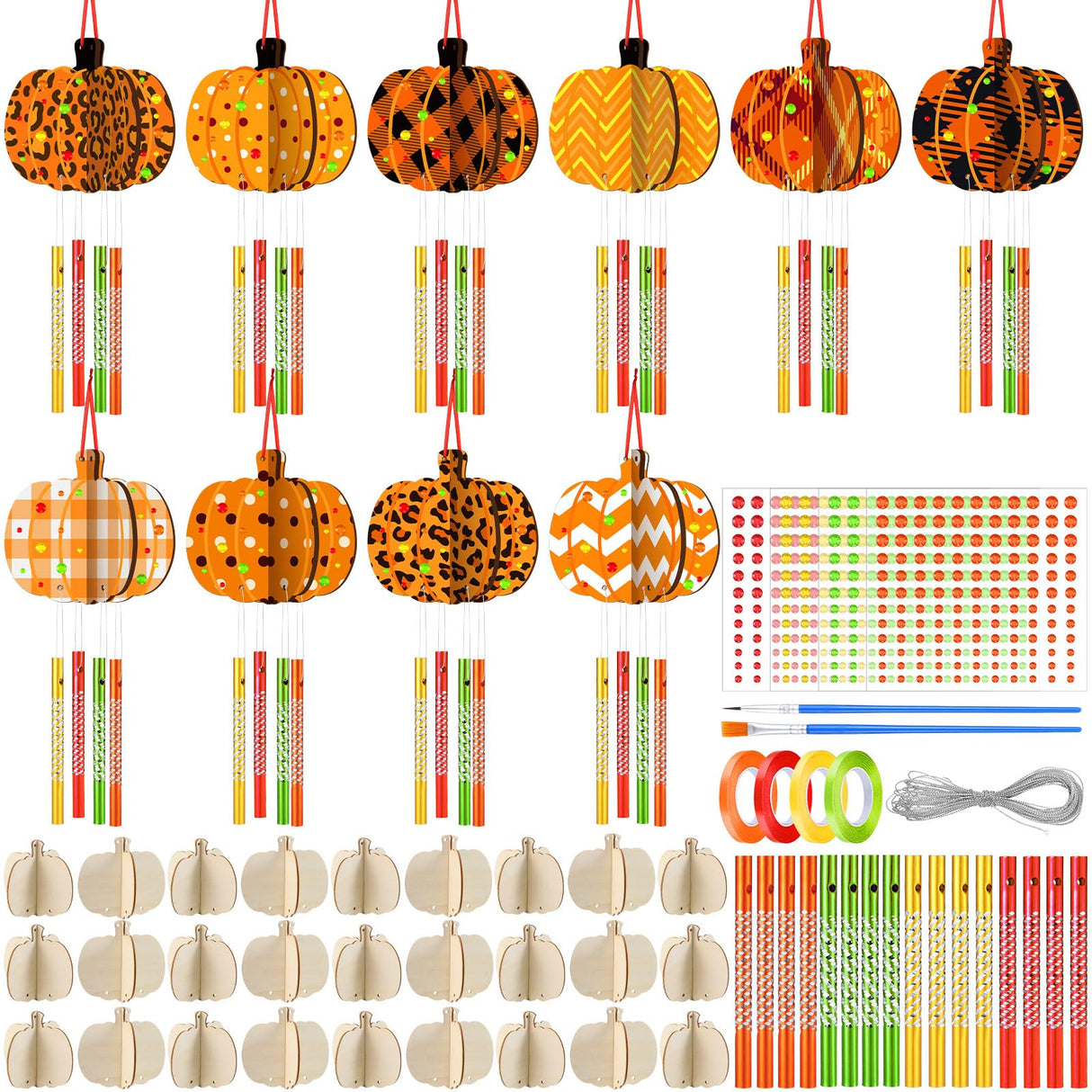 GlikCeil 128 Pcs Fall Crafts Pumpkin Wind Chime Making Kit Make Your Own Pumpkin Wind Chime Wooden Arts and Crafts Ornaments DIY to Paint Autumn Craft for Fall Autumn Thanksgiving Party GlikCeil