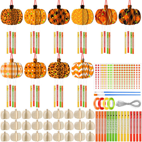 GlikCeil 128 Pcs Fall Crafts Pumpkin Wind Chime Making Kit Make Your Own Pumpkin Wind Chime Wooden Arts and Crafts Ornaments DIY to Paint Autumn Craft for Fall Autumn Thanksgiving Party GlikCeil