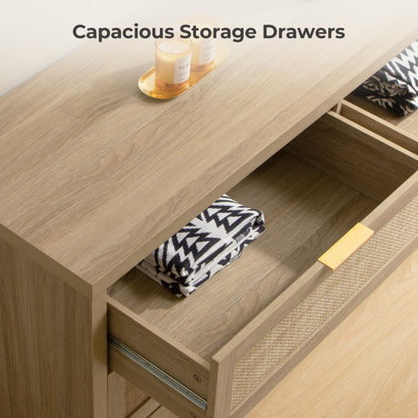 SICOTAS Rattan Dresser for Bedroom, 57" Wide 6 Drawer Dresser with Ample Storage, Dressers Large Chest of Drawers, Closet, Boho TV Stand for Bedroom (Reclaimed Light Oak, 1 Piece) SICOTAS