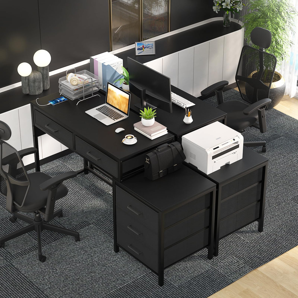 Hyomdeck Computer Desk with 5 Drawer, Reversible Office Desk with Power Outlets and USB Charging Ports, Sturdy Writing Table with File Cabinet and Printer Stand, Laptop Desk for Small Spaces, Black Hyomdeck