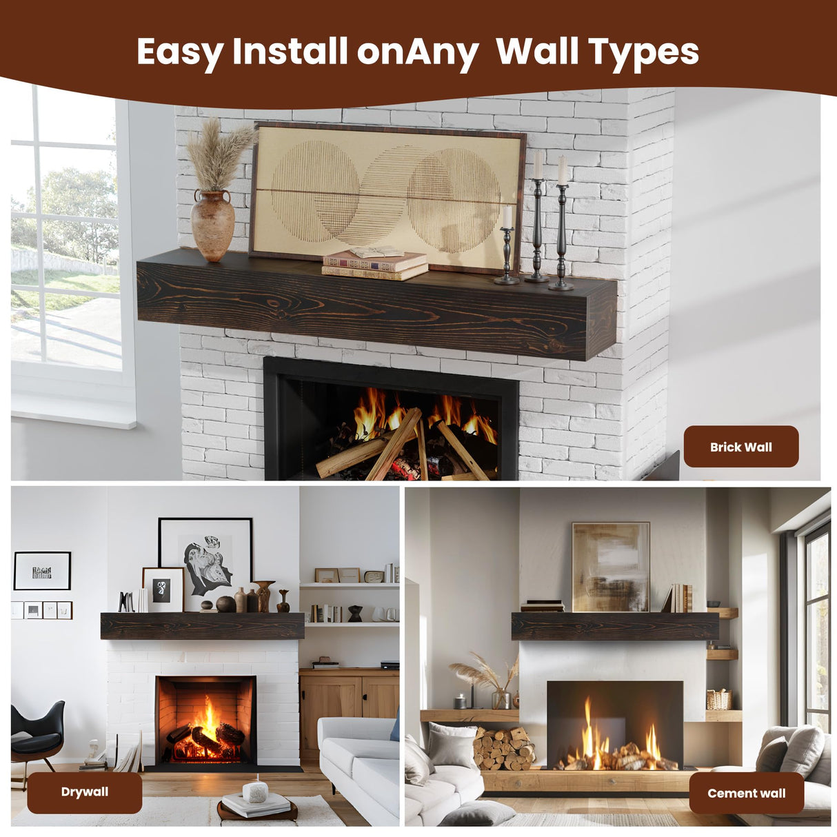 COSHOMER Fireplace Mantel - Floating Mantel Shelf, Wood Mantels for Over Fireplace, Wall-Mounted Mantels, Weight Capacity 60lbs, 60 X 9 X 6 inch, Walnut COSHOMER