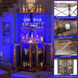 Aheaplus Corner Bar Cabinet with Power Outlet, Industrial Wine Cabinet with LED Strip and Glass Holder, 5-Tiers Liquor Cabinet Bar Unit for Home, Corner Display Cabinet for Small Space, Rustic Brown Aheaplus
