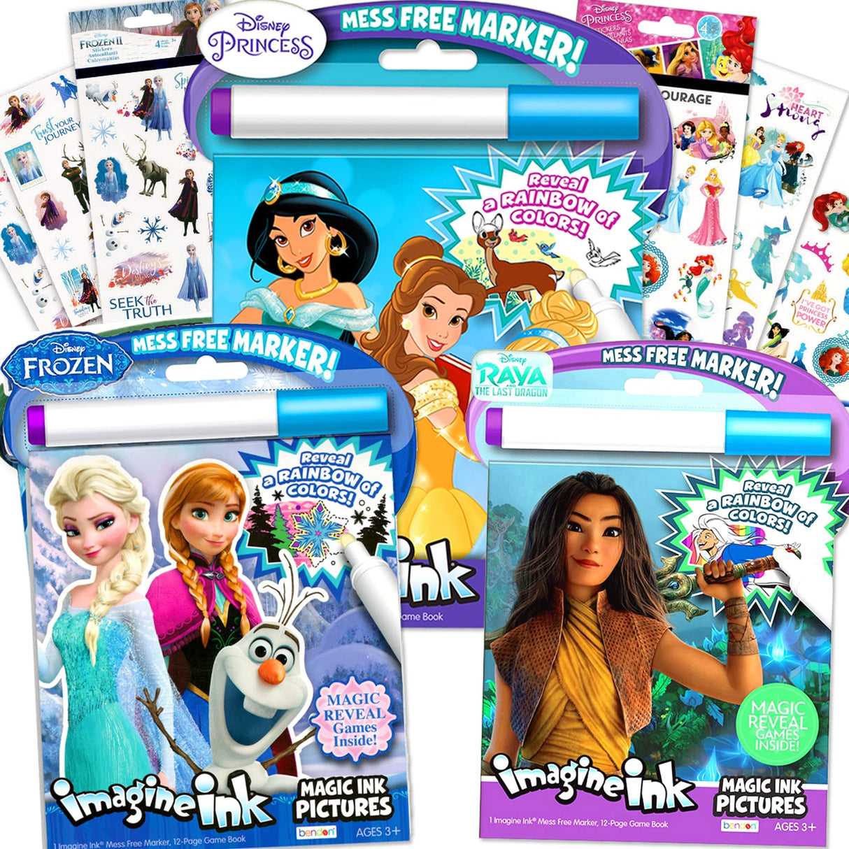 Classic Princess Magic Ink Coloring Super Set - 3 Books Featuring Disney Princesses, Frozen, and Raya The Last Dragon with Invisible Pens, Stickers Disney