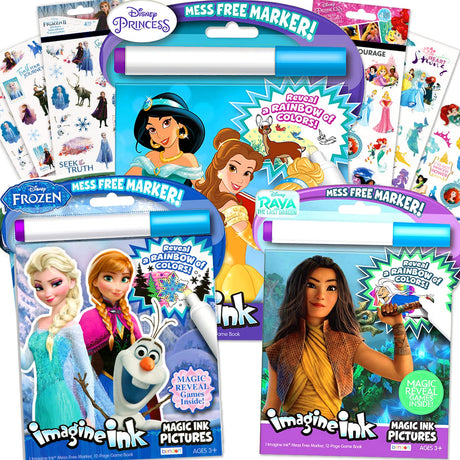 Classic Princess Magic Ink Coloring Super Set - 3 Books Featuring Disney Princesses, Frozen, and Raya The Last Dragon with Invisible Pens, Stickers Disney