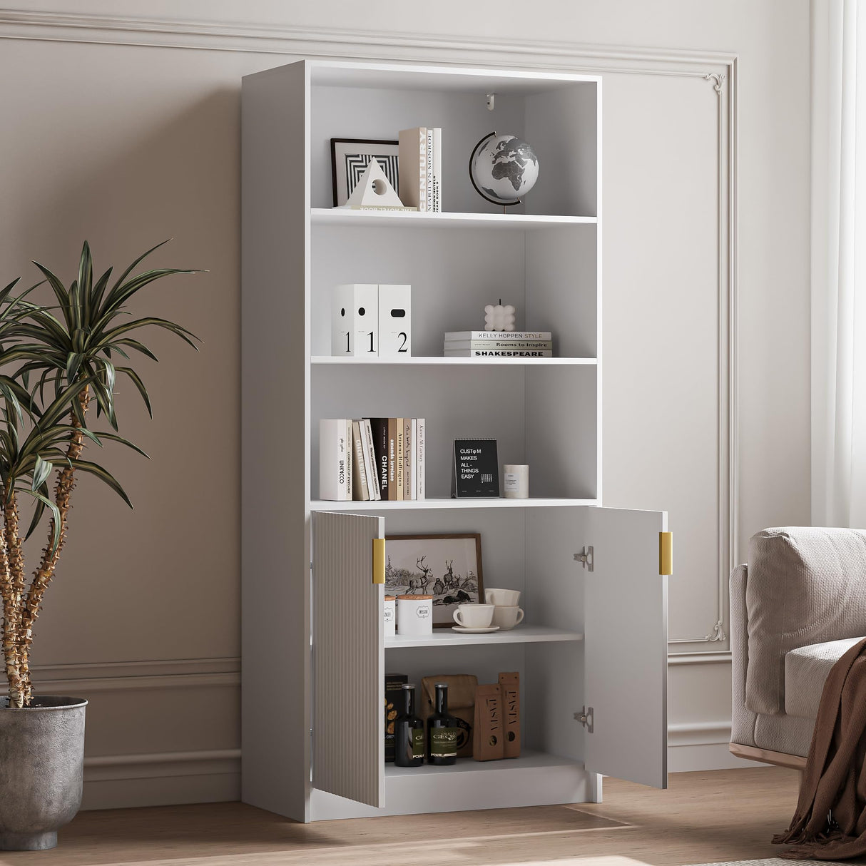 White 4-Piece Large TV Stand with 2 Bookshelves for TVs up to 70”, TV Entertainment Center Media Center with Open Storage, Media Console Table with Display Cabinet for Living Room & Home Theater MAISONARIA