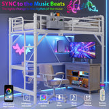 Twin Size Loft Bed with LED Lights and Charging Station, Industrial Heavy Duty Metal Loft Bed Frame with Ladder and Guardrail for Kids Adults, Small Space Saving Design for Bedroom Dorm, White Jocoevol