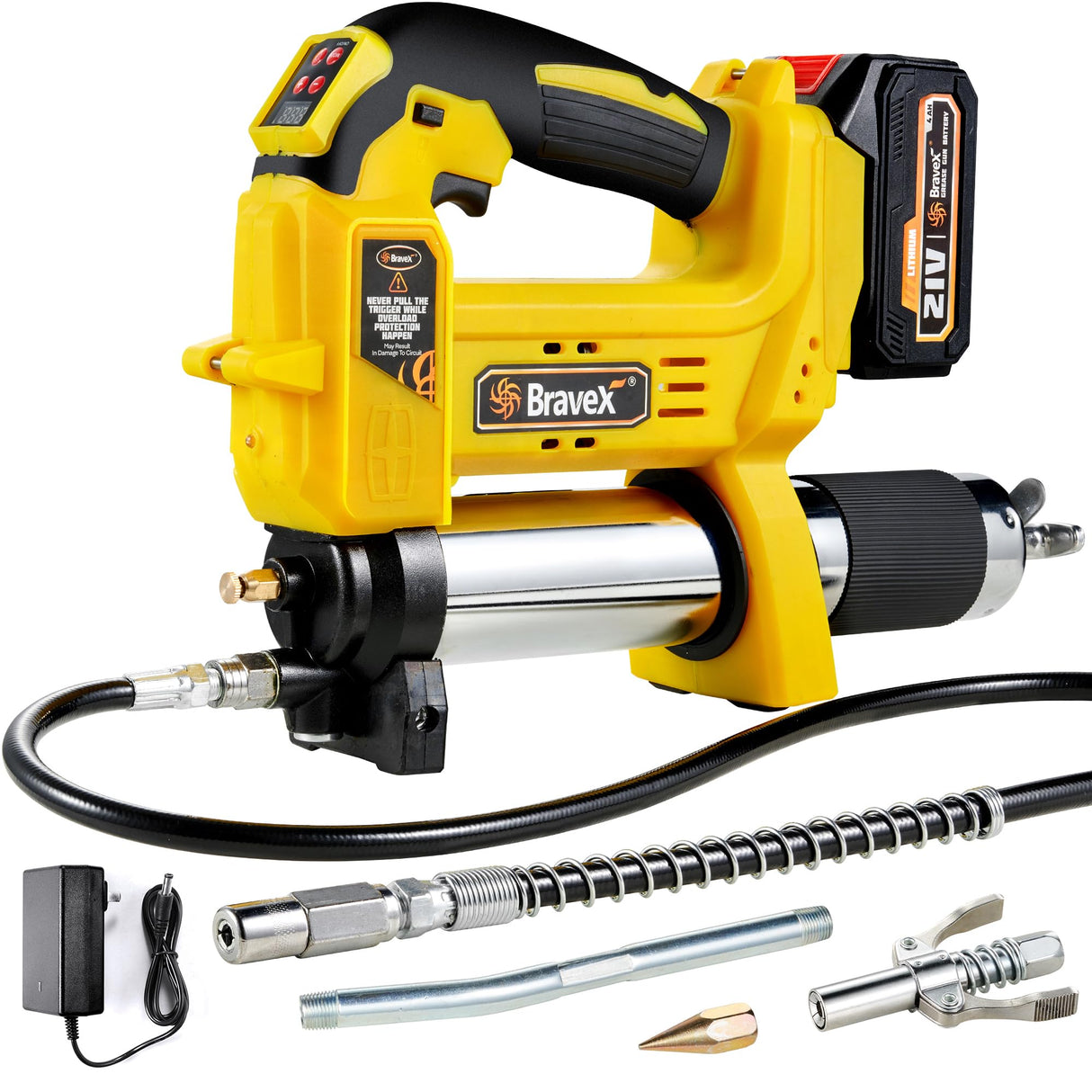 Grease Gun Battery Powered, 12,000 PSI Electric Grease Gun Cordless 21V, 40” High Pressure Long Hose W/Quick Release Coupler Rechargeable Battery Pack Included Bravex