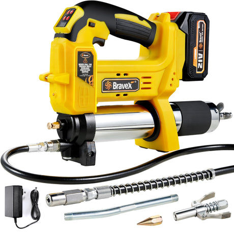 Grease Gun Battery Powered, 12,000 PSI Electric Grease Gun Cordless 21V, 40” High Pressure Long Hose W/Quick Release Coupler Rechargeable Battery Pack Included Bravex