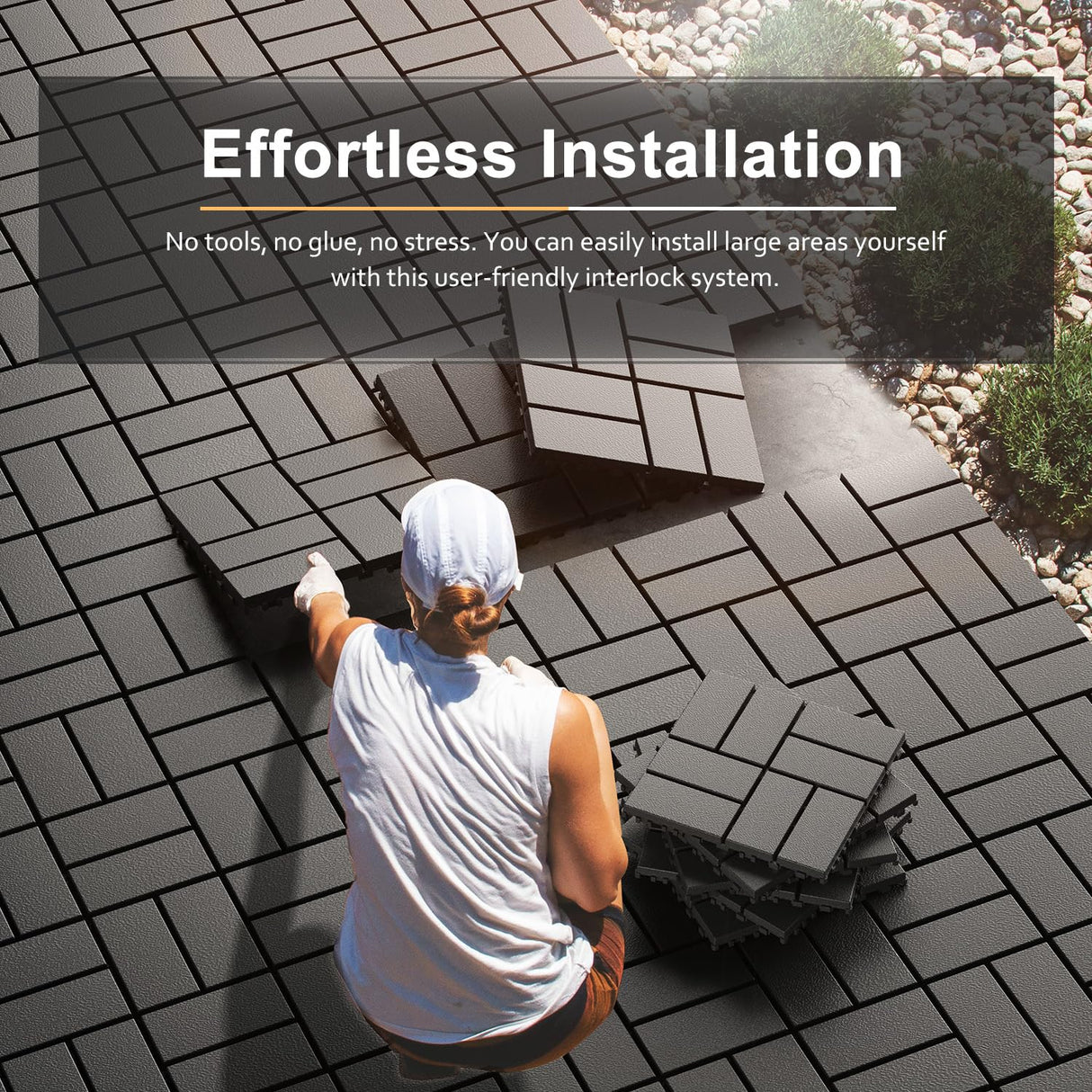Interlocking Deck Tiles, EchoDeck Patio Deck Tiles, 44 Pack Deck Tiles Interlocking Outdoor All Weather, 12"x12", 8 Slat, 44 Sq. Ft, Highly Durable, Stylish, Non-Slip, Faster-Drying, Dark Grey EchoDeck