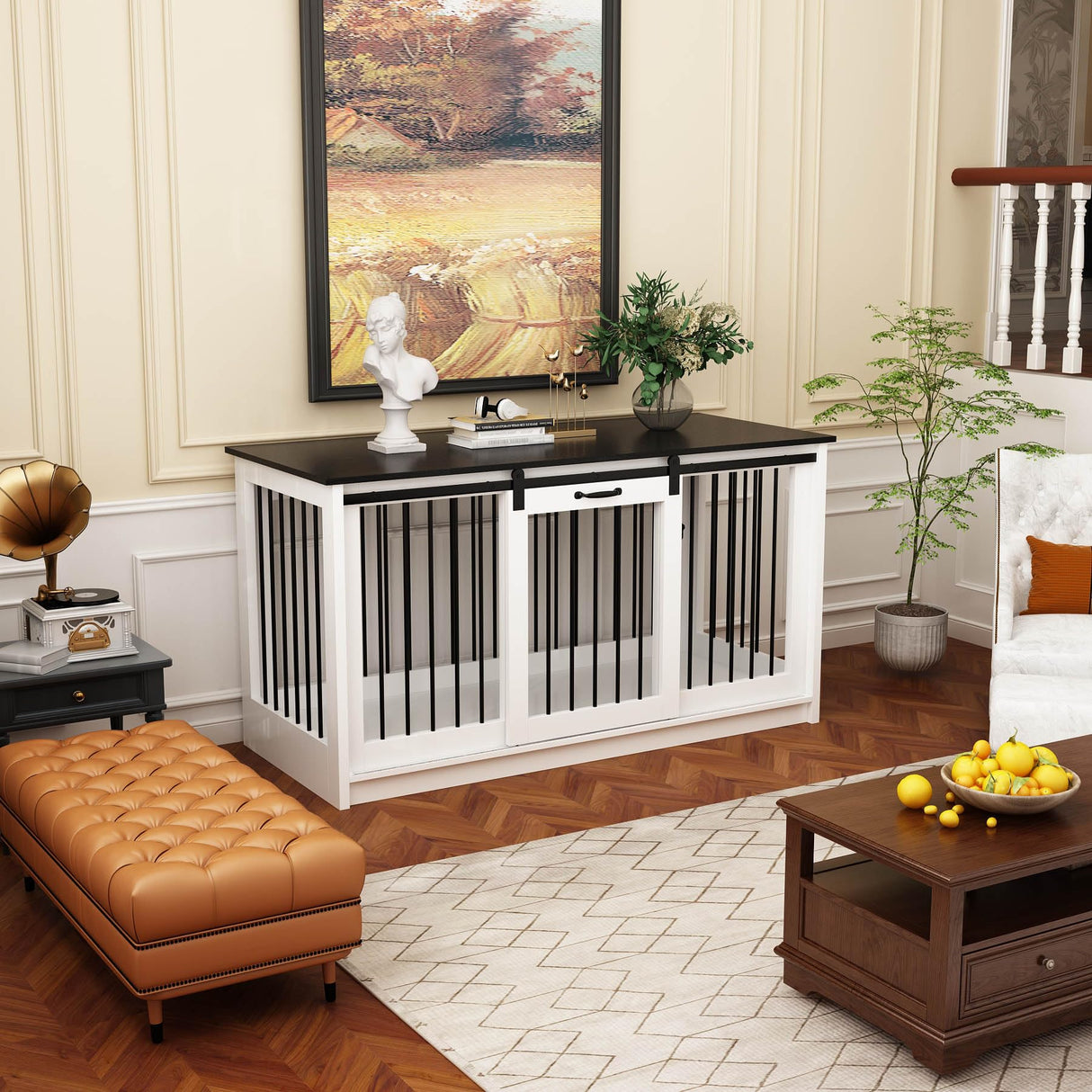 PIAOMTIEE 55 Inch Furniture Style Dog Crate for Large Medium Breed Dogs, Indoor Heavy Duty Dog Kennel House with Sliding Doors, Rustic Dog Crate Furniture Side End Table TV Stand, White PIAOMTIEE