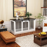 PIAOMTIEE 55 Inch Furniture Style Dog Crate for Large Medium Breed Dogs, Indoor Heavy Duty Dog Kennel House with Sliding Doors, Rustic Dog Crate Furniture Side End Table TV Stand, White PIAOMTIEE