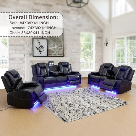 Ocstta Power Leather Recliner Sofa Set with LED Lights,Living Room Furniture Set, Breathing Leather Sofa Couch with USB Port/Storage Console/Cup Holders (3 Pieces Reclining Sofa Set, Black) Ocstta