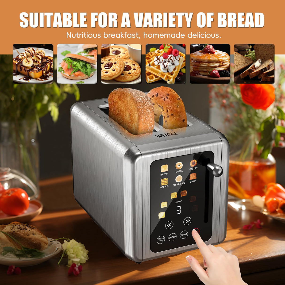 WHALL Touch Screen Toaster 2 Slice, Stainless Steel Digital Timer Toaster with Sound Function, Smart Extra Wide Slots Toaster with Bagel, Cancel, Defrost (silver) whall