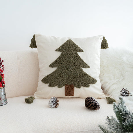 VANNCIO Green Tufted Christmas Tree Throw Pillow Cover, New Year Farmhouse Pillowcase with Tassels, Hand Woven Cushion Sham for Winter Holiday Home Decor, 18x18 inch, 1PCS (Pine Tree) VANNCIO