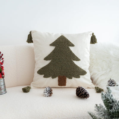 VANNCIO Green Tufted Christmas Tree Throw Pillow Cover, New Year Farmhouse Pillowcase with Tassels, Hand Woven Cushion Sham for Winter Holiday Home Decor, 18x18 inch, 1PCS (Pine Tree)