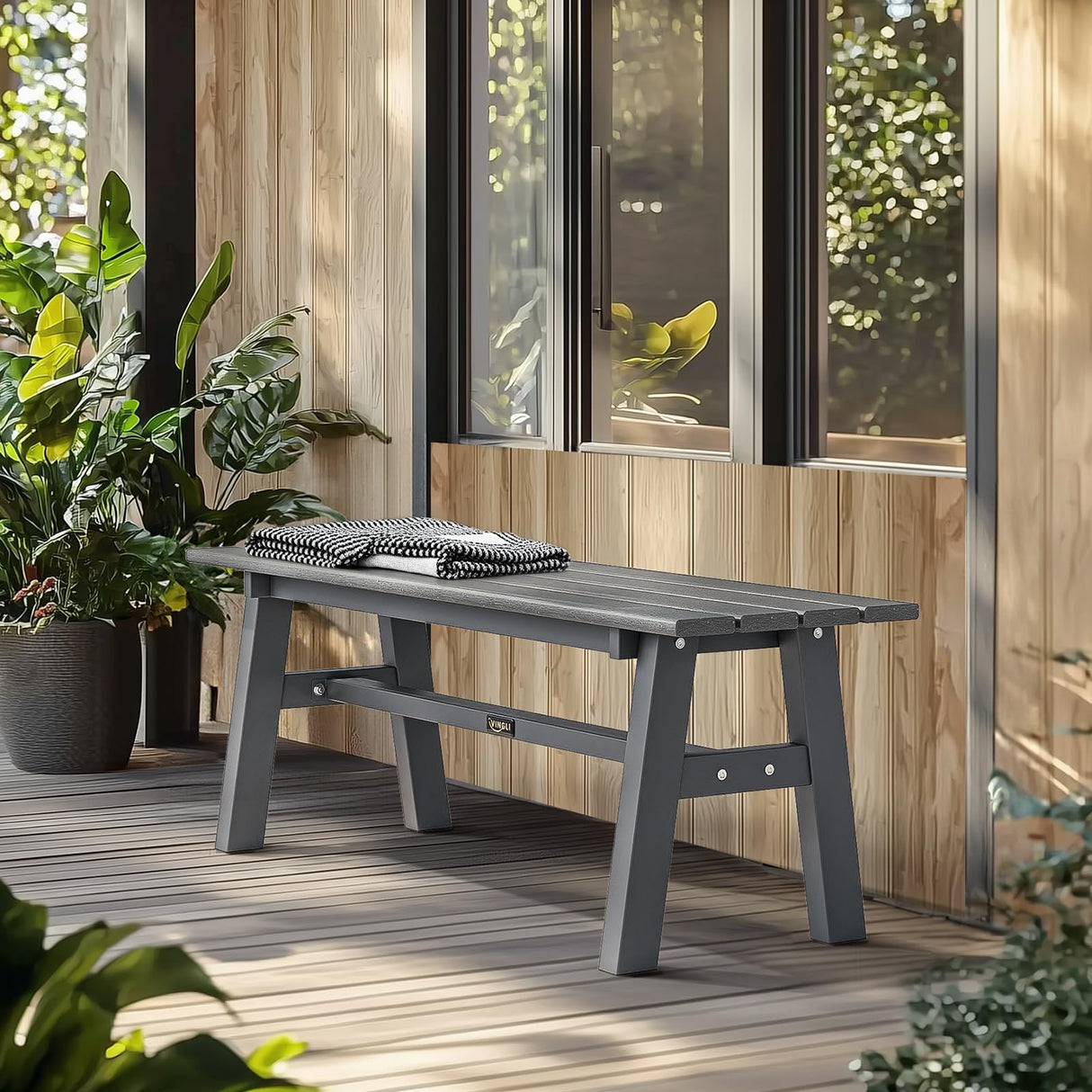 VINGLI 47” Outdoor Bench Garden Bench HDPE Porch Bench w/Metal Legs, Poly Lumber Patio Bench, 660 LBS Capacity Outdoor Backless Bench(Grey) VINGLI