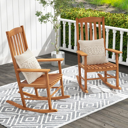 Tangkula Patio Rocking Chair with 400 lbs Weight Capacity, Eucalyptus Wood Porch Rocker with High Back, Patio Rocker Chair for Indoor and Outdoor Use (1) - WoodArtSupply