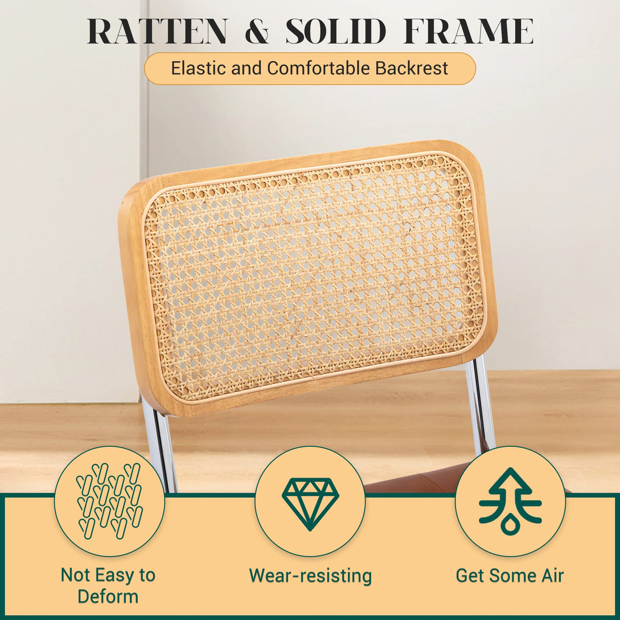 KCC Mid Century Modern Dining Chairs Set of 2, Faux Leather Rattan Dining Room Kitchen Side Chairs with Metal Legs and Upholstered Seat for Dining Room, Living Room, Bedroom,Brown KCC