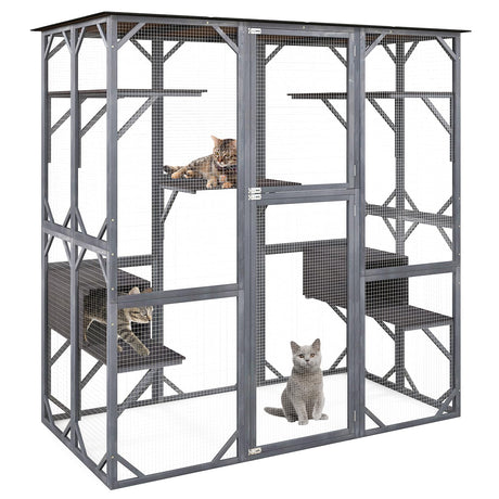 Tangkula Catio Outdoor Cat Enclosure Large, 71 Inch Outdoor Cat House Weatherproof with Asphalt Roof, Wooden Cat Cage Playpen with 7 Jumping Platforms & 2 Resting Boxes, Walk-in Cat Kennel Condo Tangkula