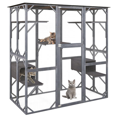 Tangkula Catio Outdoor Cat Enclosure Large, 71 Inch Outdoor Cat House Weatherproof with Asphalt Roof, Wooden Cat Cage Playpen with 7 Jumping Platforms & 2 Resting Boxes, Walk-in Cat Kennel Condo