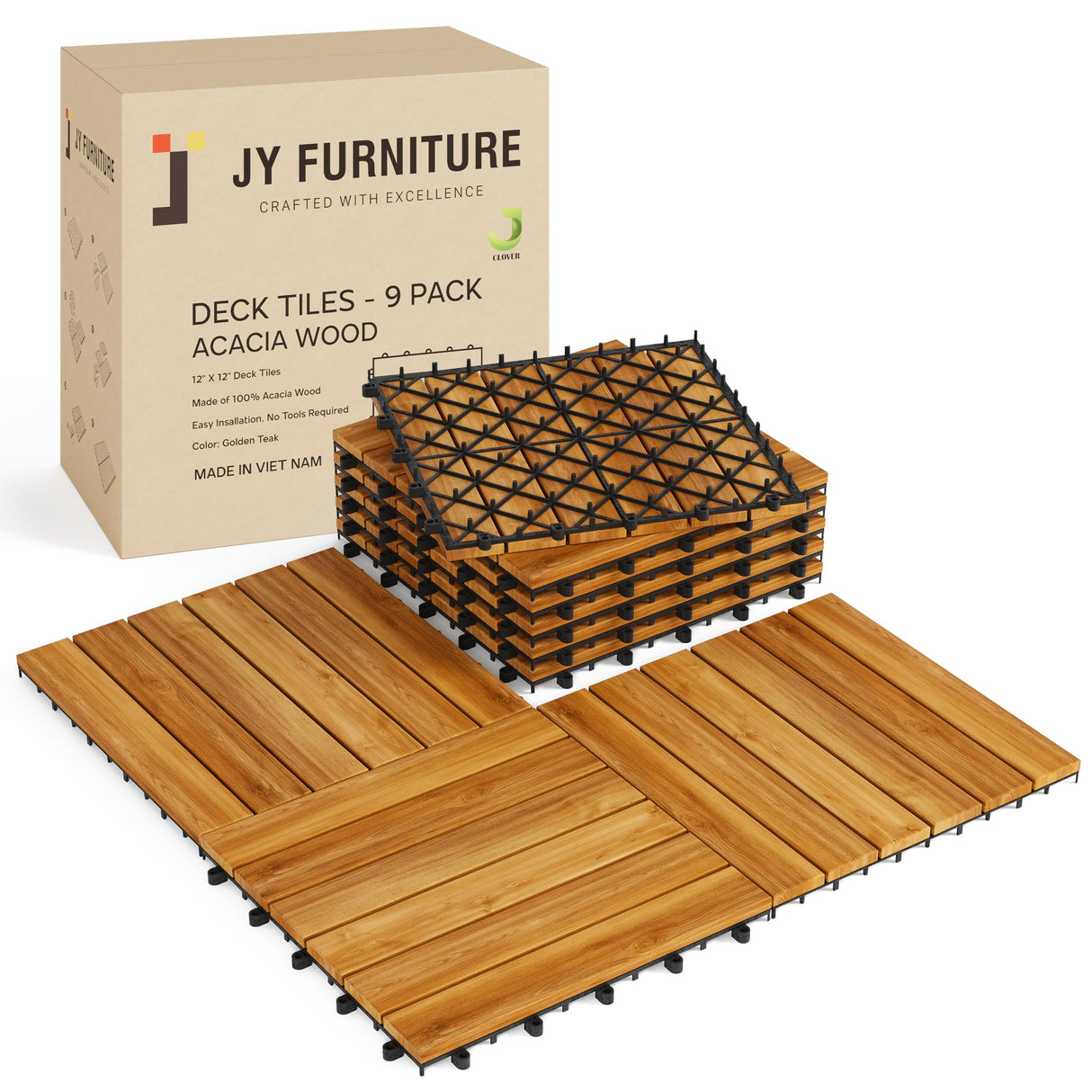 9 PCS Interlocking Deck Tiles 12" x 12" - Premium Acacia Wood Patio Tiles Waterproof - Deck Tiles Interlocking All Weather Waterproof Flooring - Easy Installation for Indoor & Outdoor (Golden Steak) J CLOVER