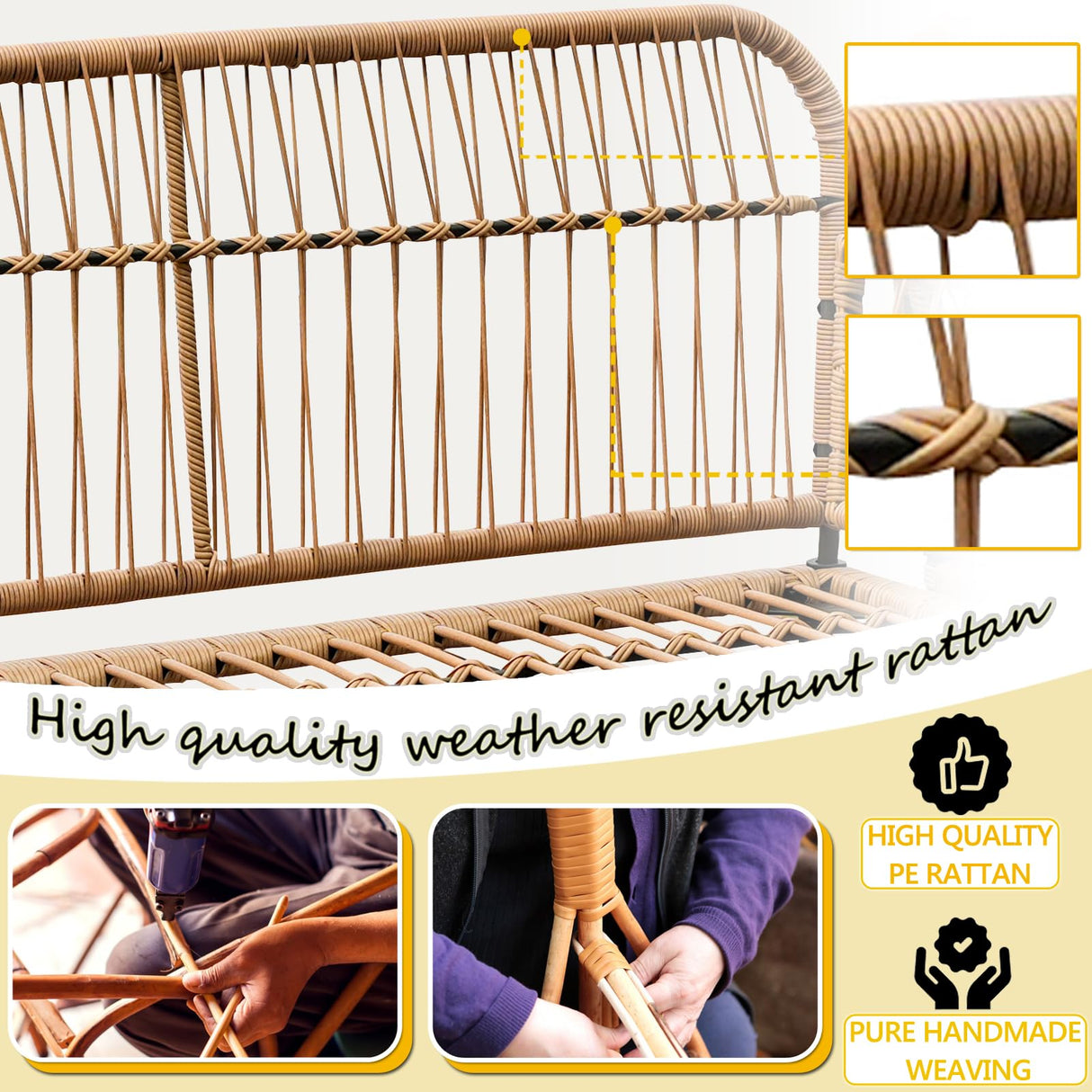 Homsido 4 Pieces Patio Sectional Furniture Chairs Set Boho Water-Resistant Outdoor Indoor Wicker Sectional Sofa Beige Woven PE Rattan Conversation Chat Set with Rect Side Table(White Cushions) Homsido