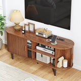 TV Stand with Power Outlet, Mid-Century Modern Television Stand, Media Console with Sliding Doors, Entertainment Center for TVs up to 60 Inch, Adjustable Shelves, Walnut ComfyCorner