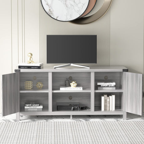 JUMMICO TV Stand for 65 Inch TV Farmhouse Entertainment Center with Double Barn Doors and Storage Cabinets, Console TV Table Media for Living Room, Bedroom (Grey, Without Fireplace) JUMMICO