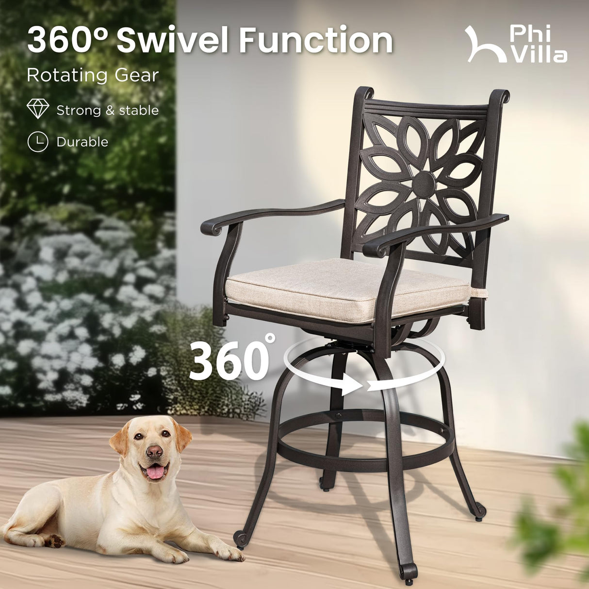 PHI VILLA 7 PCS High Bar Patio Dining Set, Cast Aluminum Outdoor Bar Set for 6 with 54" Round Bar Table and 6 Outdoor Swivel Bar Stool Chairs with Seat Cushion PHI VILLA