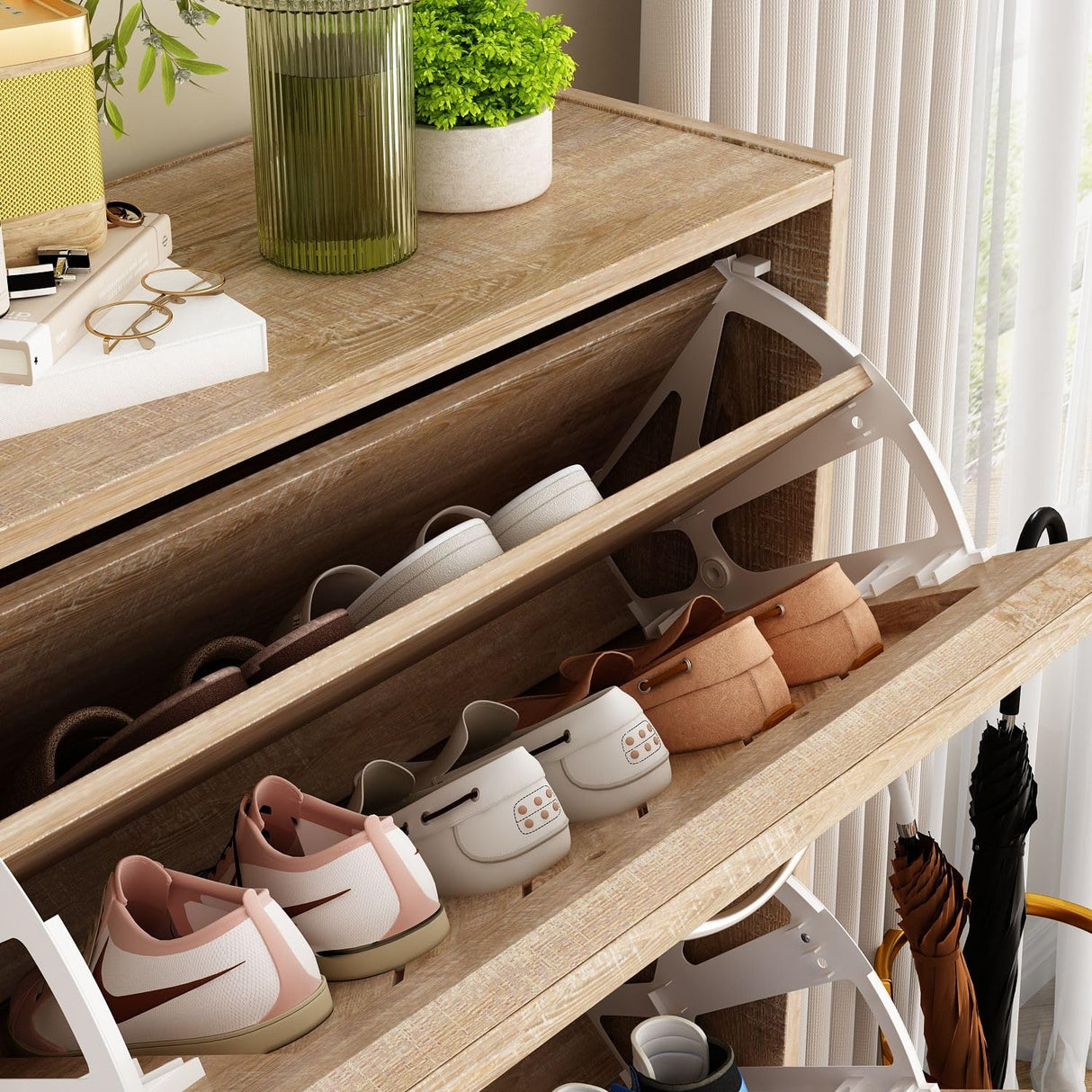 MOUMON Shoe Cabinet with 3 Flip Drawers, Slanted Design, Shoe Storage Organizer for Hallway Light Brown (22.4”W x 9.4”D x 42.3”H) MOUMON