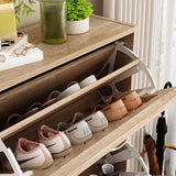 MOUMON Shoe Cabinet with 3 Flip Drawers, Slanted Design, Shoe Storage Organizer for Hallway Light Brown (22.4”W x 9.4”D x 42.3”H) MOUMON