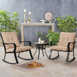 SOLAURA 3-Piece Outdoor Rocking Chairs Bistro Set, Black Iron Patio Furniture with Brown Thickened Cushion & Glass-Top Coffee Table SOLAURA