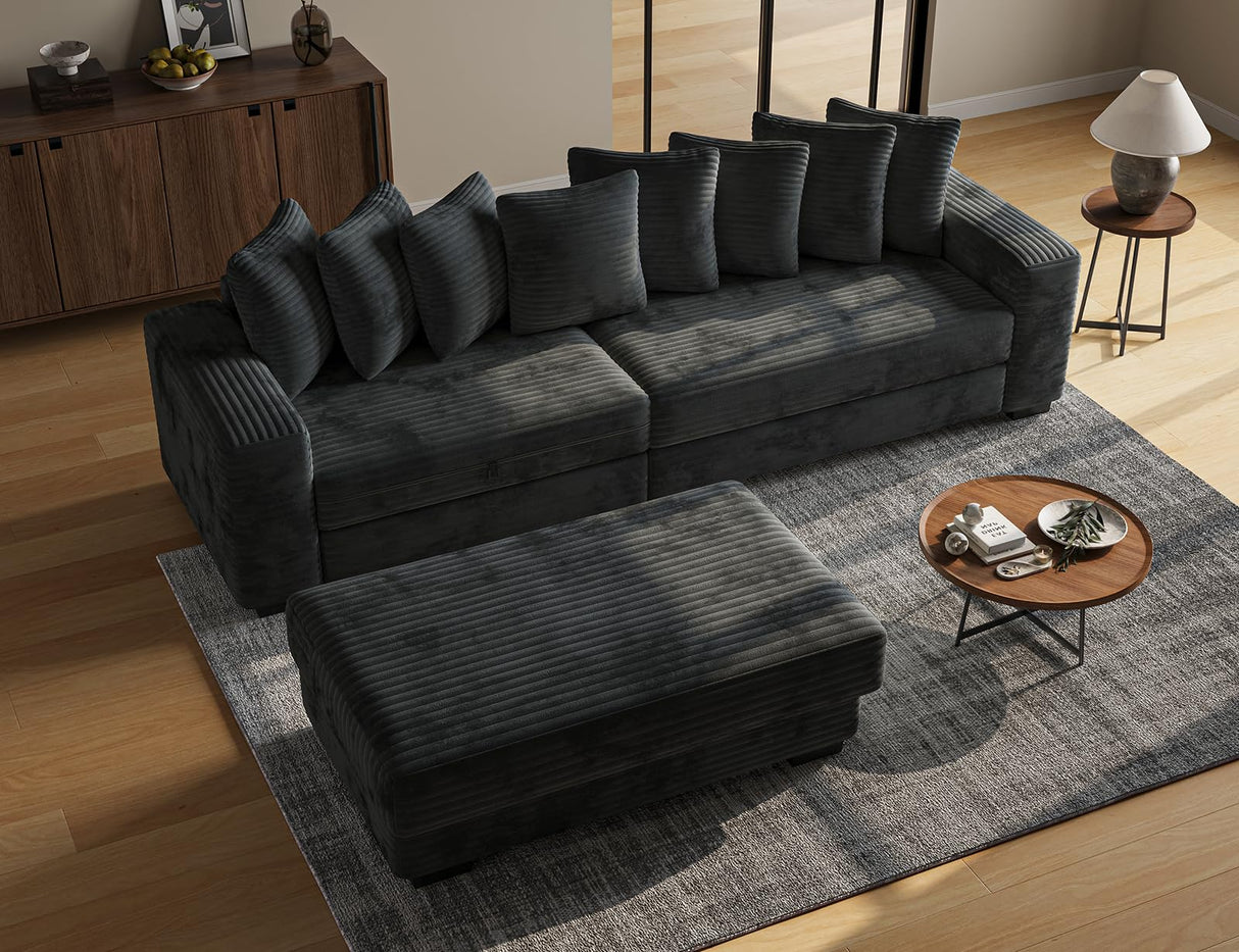 ohllob 110" Modular Sectional Sofa, L Shaped Couch with Chaise Lounge, Fluffy Corduroy Cloud Couch with Deep Seat for Living Room (Black) ohllob