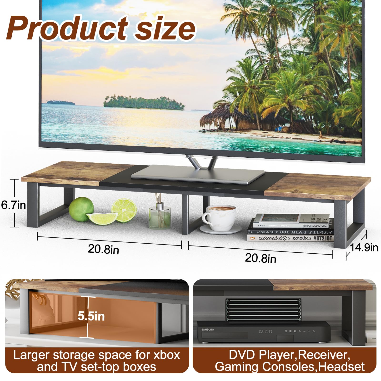 aboxoo 47" Large TV Riser for 32-60 inch TV, TV Riser Stand Shelf with Steel Legs,Tabletop TV Stand Riser for Home Office,Computer Monitor Stand Desktop Storage Stand (Rustic Brown & Black) - WoodArtSupply