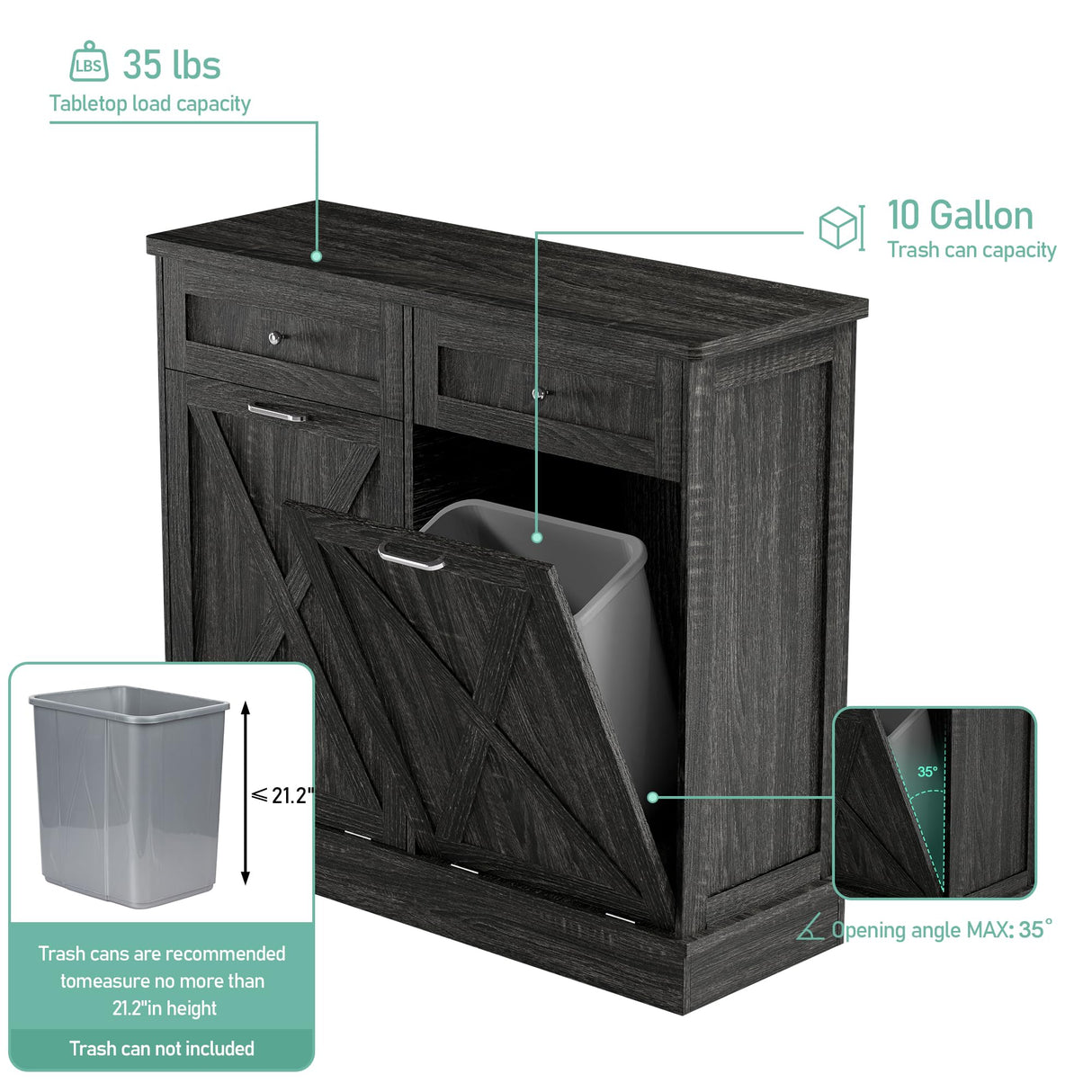 TOLEAD Double Tilt Out Trash Cabinet Free Standing 10 Gallon Wooden Dual Trash Can Cabinet with Barn Door for Farmhouse Kitchen,Living Room, Dining Room, Oak Grey TOLEAD