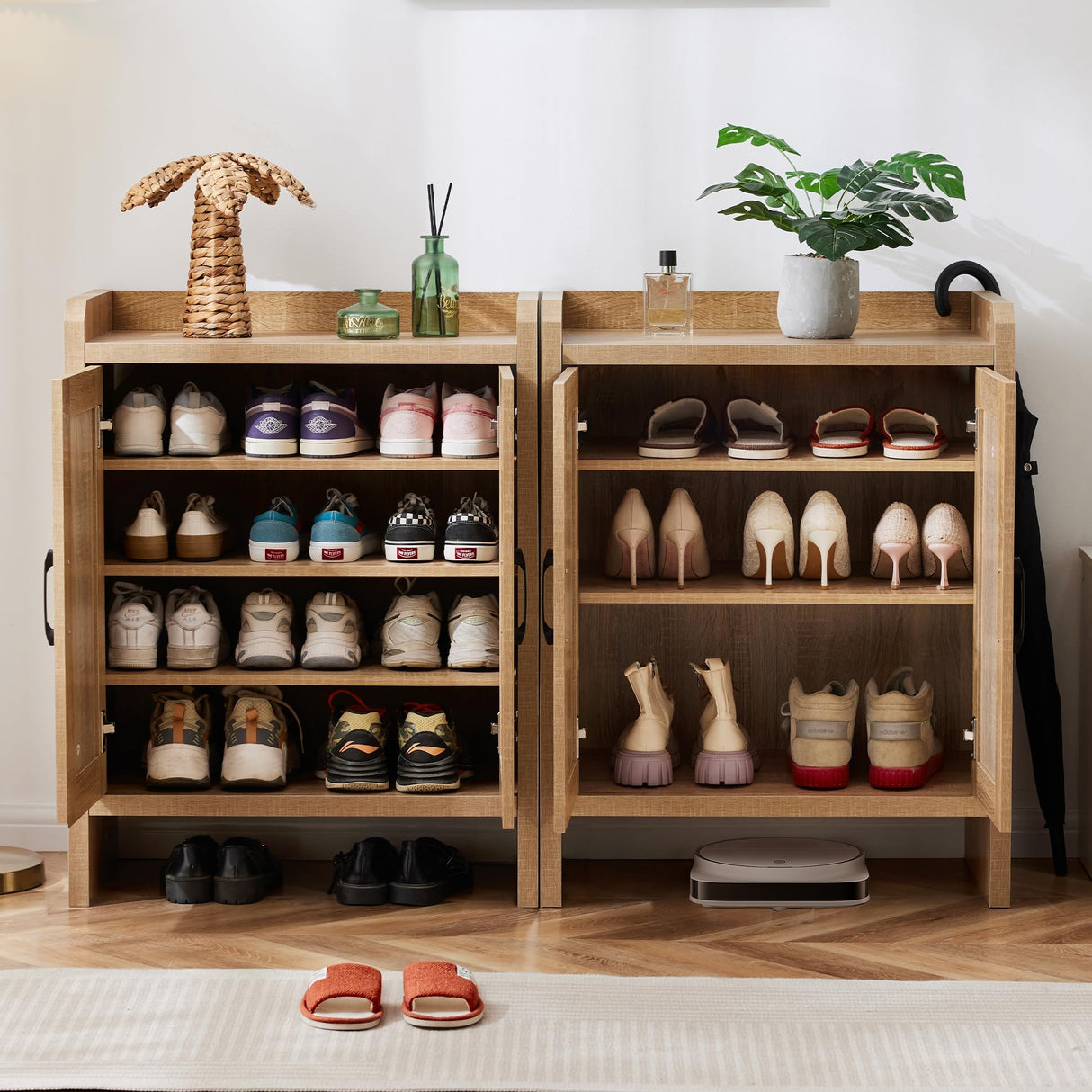 Mericonia Shoe Cabinet Storage for Entryway, Natural Rattan Shoe Storage Cabinet, Wooden Shoe Rack Cabinet, Farmhouse Boho Wood Shoe Organizer Cabinet for Hallway Mericonia