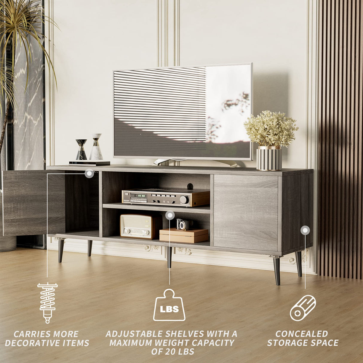 JUMMICO TV Stand for 65 Inch TV, Modern Entertainment Center with Storage Cabinet and Open Shelves, TV Console Table Media Cabinet for Living Room, Bedroom and Office (Light Gray) JUMMICO