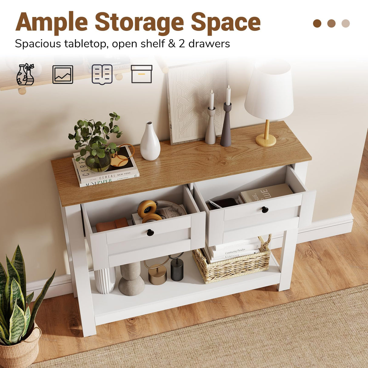 Giantex 42" Farmhouse Console Table with 2 Drawers, Modern Wood Entryway Table, Narrow Long Sofa Tables with Open Storage Shelf for Living Room, Hallway, Entrance, Foyer, Rustic Vintage, White & Brown Giantex