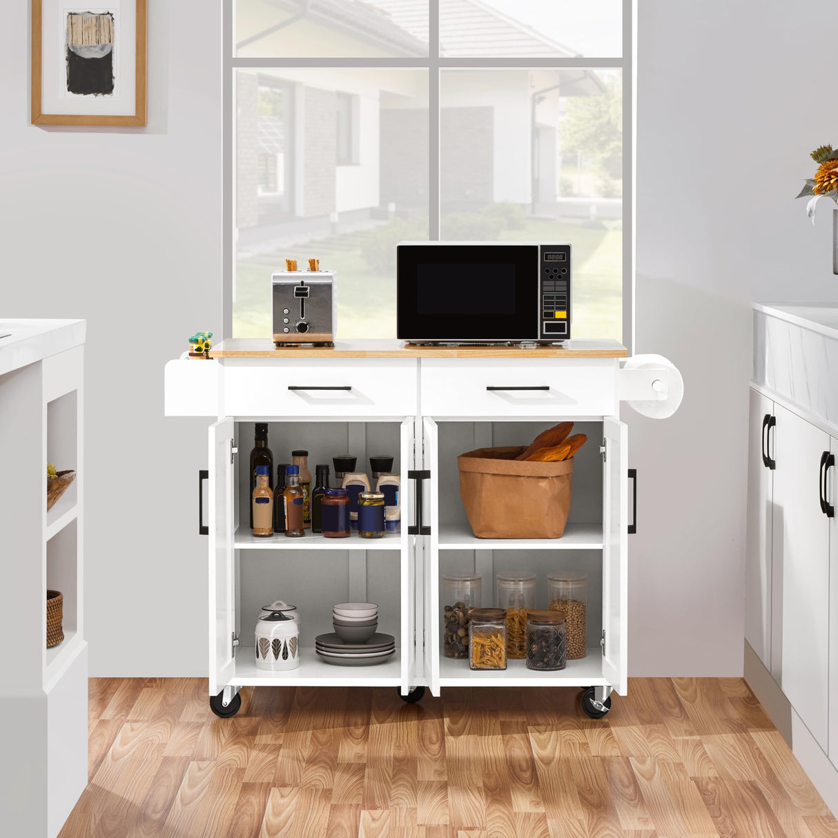 Yaheetech Rolling Kitchen Island with Drop Leaf, Kitchen Cart on Wheels with Storage Cabinet and Drawers, Rubberwood Top, Detachable Towel Rack, Spice Rack for Dining Room, White Yaheetech