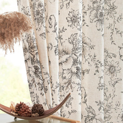 jinchan Linen Blend Curtain Floral Curtains for Living Room 84 Inch Length Black Printed Curtain Rod Pocket Back Tab Farmhouse Peony Flower Patterned Drapes Bedroom Window Curtains Set 2 Panels