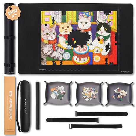 Odyssolve Jigsaw Puzzle Mat Roll Up 1500 Pieces Saver Pad 46" x 26" with 3 Sorting Trays & Travel Storage Bag Portable Non-Slip Rubber Bottom Odyssolve