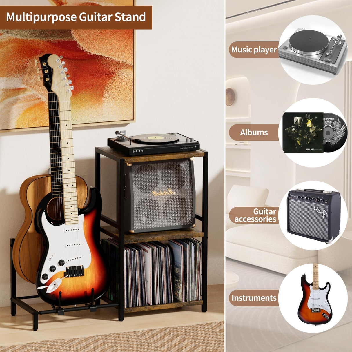 YAKANJ End Table with Guitar Stand,Record Player Stand,Vinyl Records Storage,2-Tier Guitar Stand for Acoustic, Electric Guitar,Bass,Turntable Stand Side Table for Music Room Studio Living Room-Brown YAKANJ