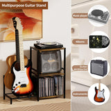 YAKANJ End Table with Guitar Stand,Record Player Stand,Vinyl Records Storage,2-Tier Guitar Stand for Acoustic, Electric Guitar,Bass,Turntable Stand Side Table for Music Room Studio Living Room-Brown YAKANJ