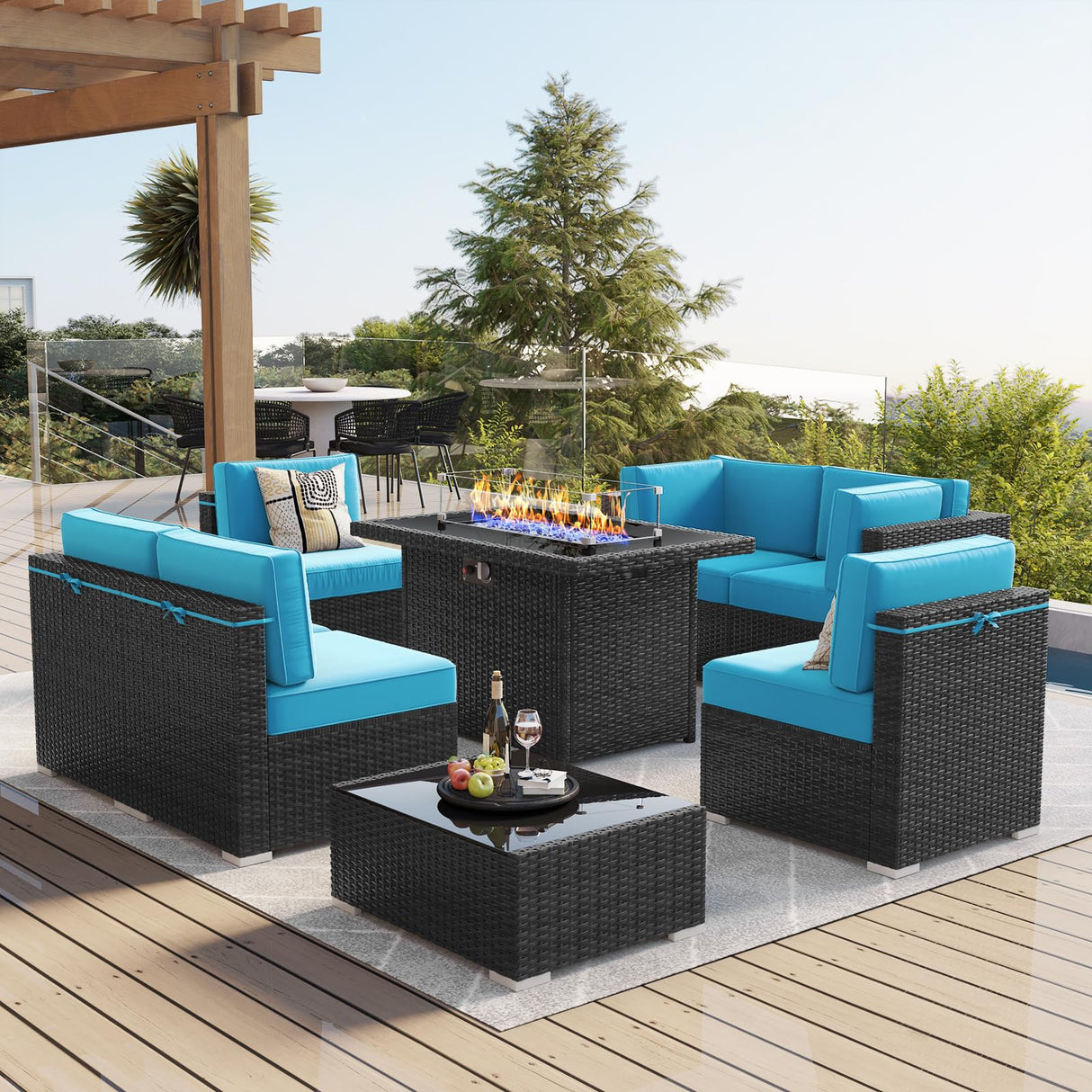 LayinSun 8 Piece Patio Furniture Set with 44" Propane Gas Fire Pit Table, Outdoor Sectional Conversation Set Wicker Rattan Sofa Set with Coffee Table LayinSun