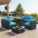 LayinSun 8 Piece Patio Furniture Set with 44" Propane Gas Fire Pit Table, Outdoor Sectional Conversation Set Wicker Rattan Sofa Set with Coffee Table LayinSun
